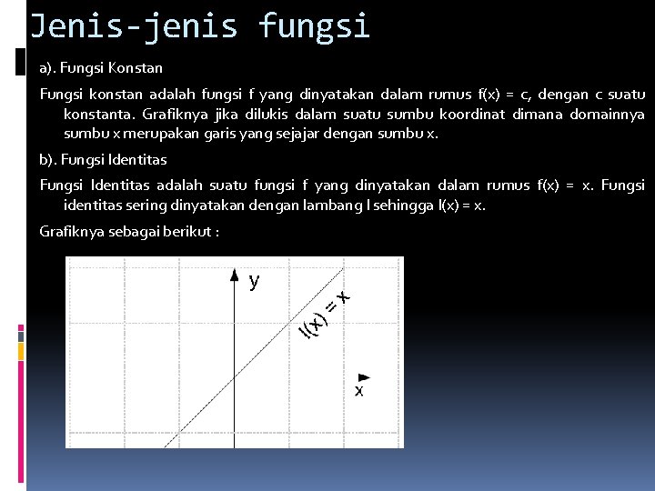 Jenis-jenis fungsi a). Fungsi Konstan Fungsi konstan adalah fungsi f yang dinyatakan dalam rumus