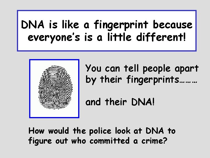DNA is like a fingerprint because everyone’s is a little different! You can tell