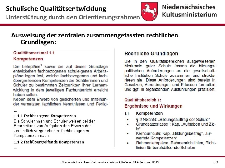 Schulische Qualitätsentwicklung Unterstützung durch den Orientierungsrahmen Ausweisung der zentralen zusammengefassten rechtlichen Grundlagen: … 1.