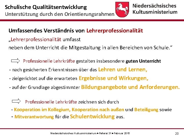 Schulische Qualitätsentwicklung Unterstützung durch den Orientierungsrahmen Umfassendes Verständnis von Lehrerprofessionalität „Lehrerprofessionalität umfasst neben dem