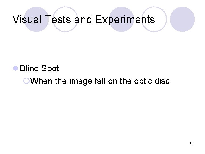 Visual Tests and Experiments l Blind Spot ¡When the image fall on the optic