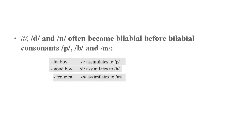  • It/, /d/ and /n/ often become bilabial before bilabial consonants /p/, /b/