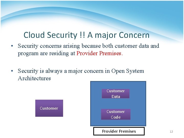 Cloud Security !! A major Concern • Security concerns arising because both customer data