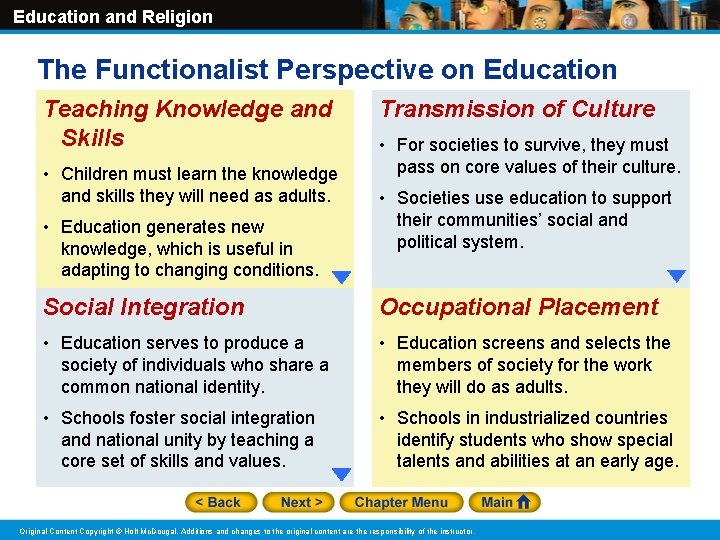 Education and Religion The Functionalist Perspective on Education Teaching Knowledge and Skills • Children