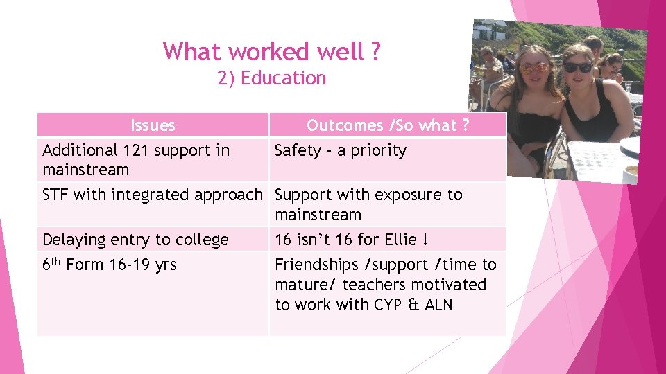 What worked well ? 2) Education Issues Additional 121 support in mainstream Outcomes /So