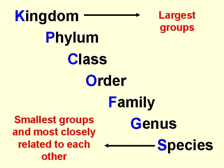 Largest Kingdom groups Phylum Class Order Family Smallest groups Genus and most closely related