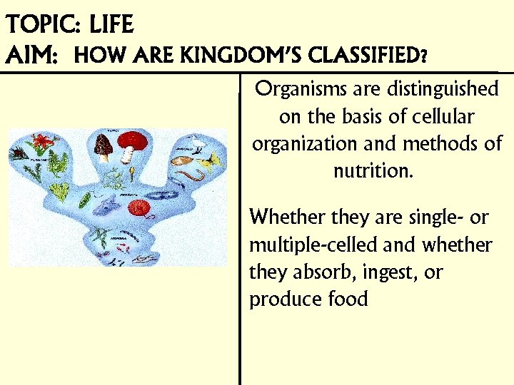 Organisms are distinguished on the basis of cellular organization and methods of nutrition. Whether