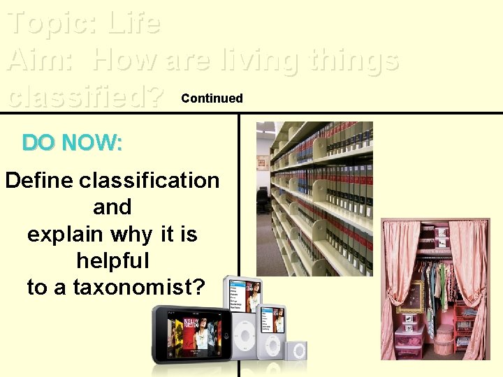 Topic: Life Aim: How are living things classified? Continued DO NOW: Define classification and