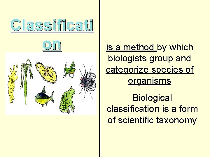 Classificati on is a method by which biologists group and categorize species of organisms