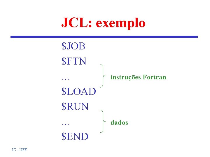 JCL: exemplo $JOB $FTN. . . $LOAD $RUN. . . $END IC - UFF JCL: exemplo $JOB $FTN. . . $LOAD $RUN. . . $END IC - UFF