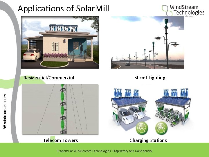Applications of Solar. Mill Street Lighting Windstream-inc. com Residential/Commercial Telecom Towers Charging Stations Property