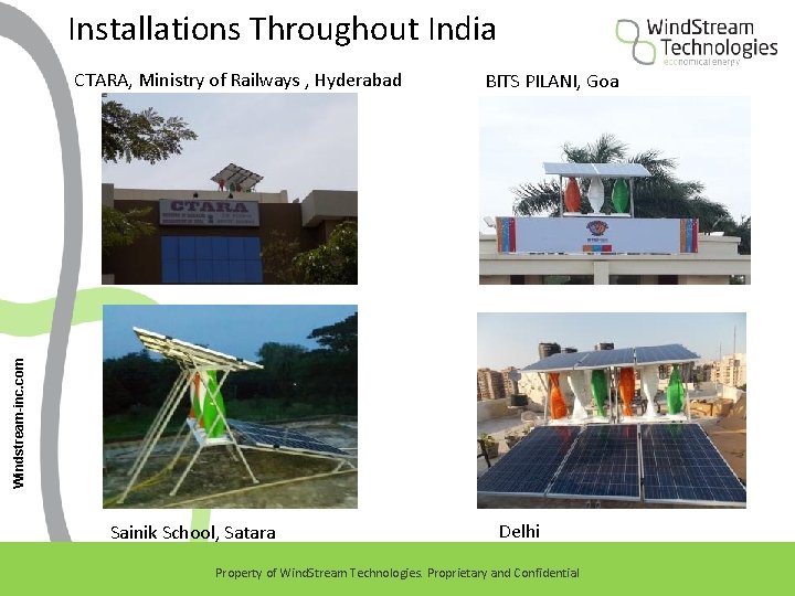 Installations Throughout India BITS PILANI, Goa Windstream-inc. com CTARA, Ministry of Railways , Hyderabad