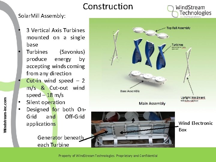 Construction Windstream-inc. com Solar. Mill Assembly: • 3 Vertical Axis Turbines mounted on a