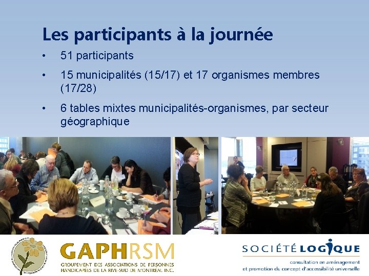 Les participants à la journée • 51 participants • 15 municipalités (15/17) et 17