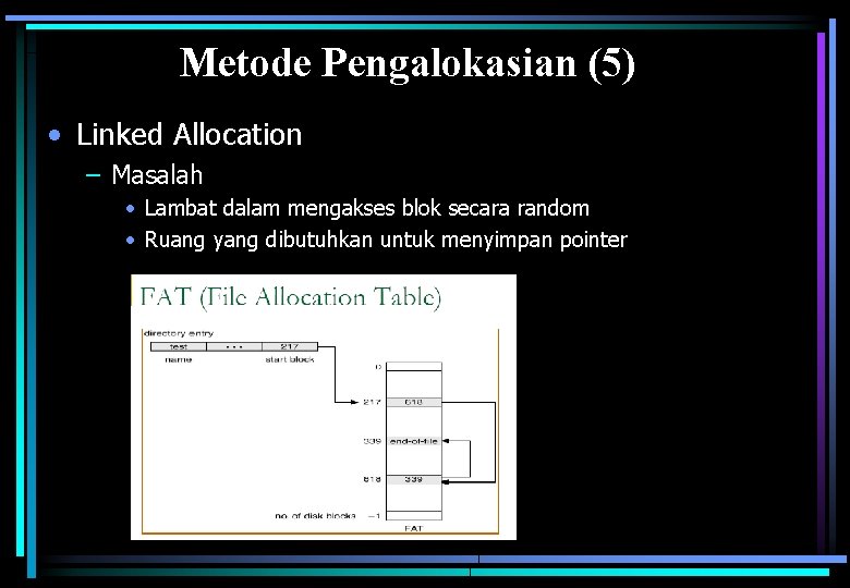 Metode Pengalokasian (5) • Linked Allocation – Masalah • Lambat dalam mengakses blok secara
