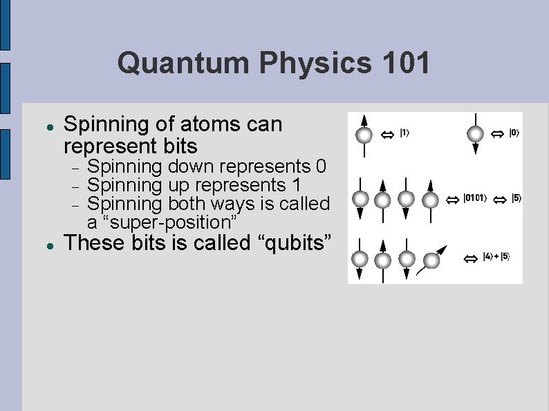 Quantum Physics 101 Spinning of atoms can represent bits Spinning down represents 0 Spinning