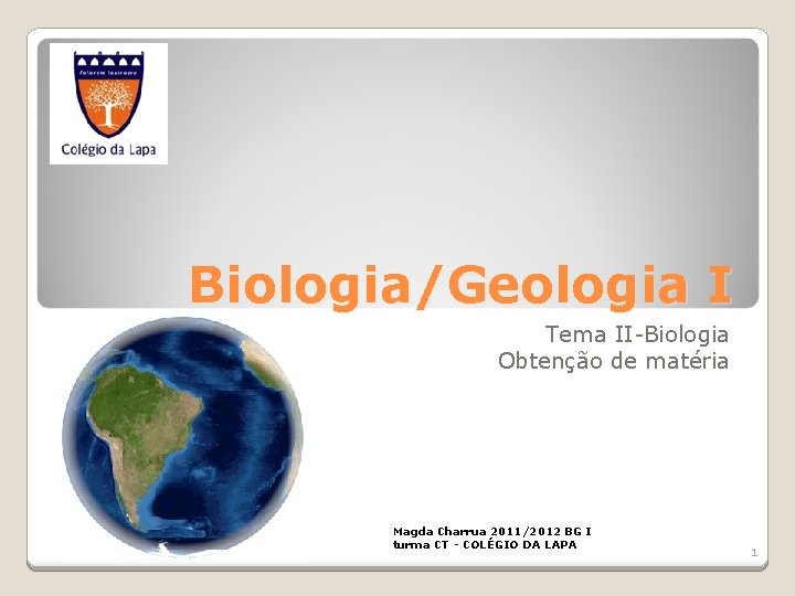 Biologia/Geologia I Tema II-Biologia Obtenção de matéria Magda Charrua 2011/2012 BG I turma CT