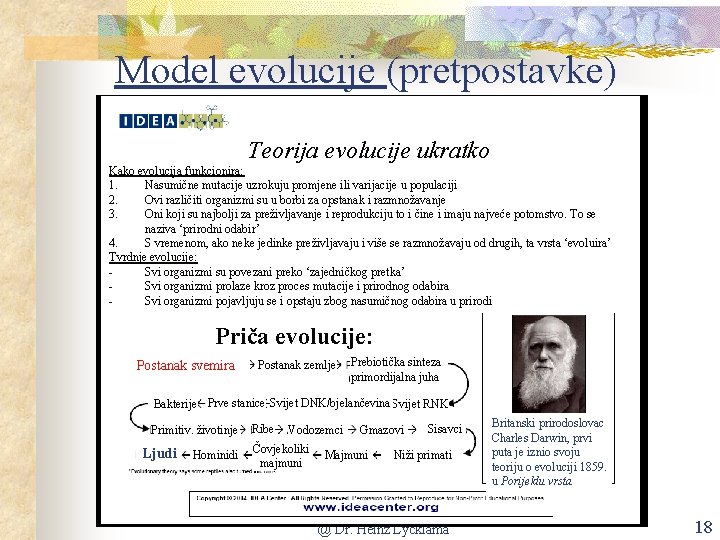 Model evolucije (pretpostavke) Teorija evolucije ukratko Kako evolucija funkcionira: 1. Nasumične mutacije uzrokuju promjene