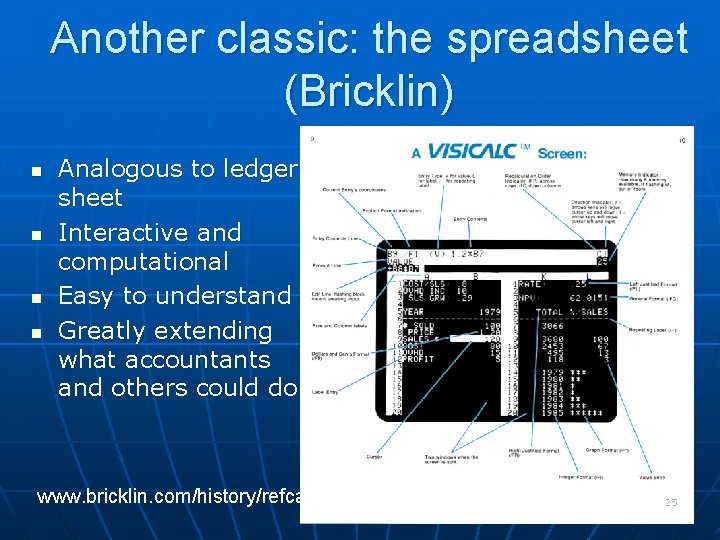 Another classic: the spreadsheet (Bricklin) n n Analogous to ledger sheet Interactive and computational