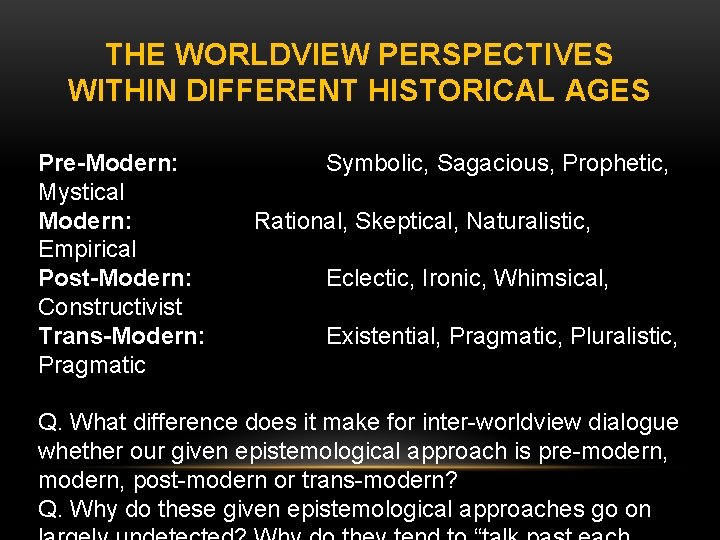 THE WORLDVIEW PERSPECTIVES WITHIN DIFFERENT HISTORICAL AGES Pre-Modern: Mystical Modern: Empirical Post-Modern: Constructivist Trans-Modern: