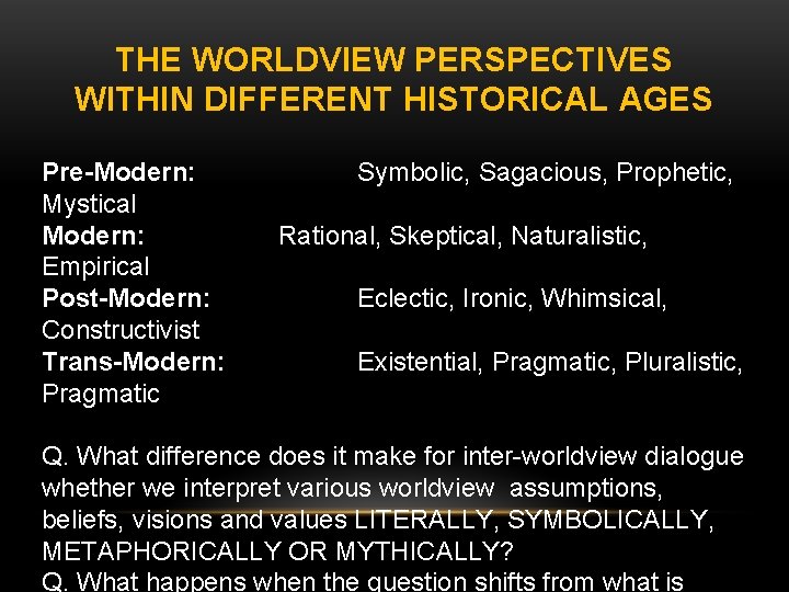 THE WORLDVIEW PERSPECTIVES WITHIN DIFFERENT HISTORICAL AGES Pre-Modern: Mystical Modern: Empirical Post-Modern: Constructivist Trans-Modern: