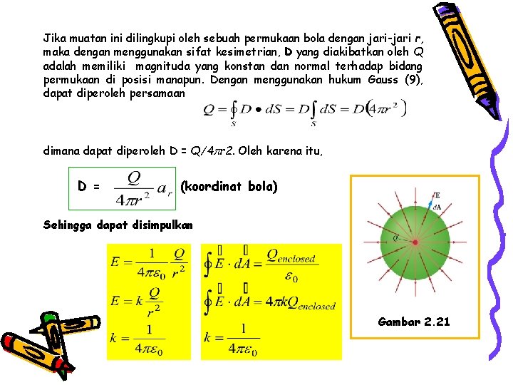 Jika muatan ini dilingkupi oleh sebuah permukaan bola dengan jari-jari r, maka dengan menggunakan