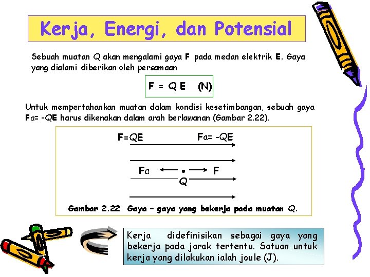 Kerja, Energi, dan Potensial Sebuah muatan Q akan mengalami gaya F pada medan elektrik