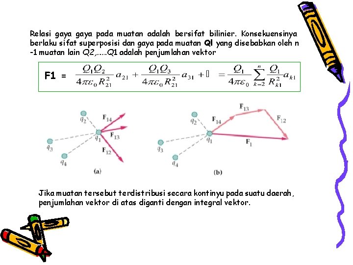 Relasi gaya pada muatan adalah bersifat bilinier. Konsekuensinya berlaku sifat superposisi dan gaya pada