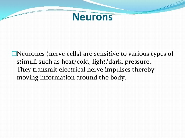 Neurons �Neurones (nerve cells) are sensitive to various types of stimuli such as heat/cold,