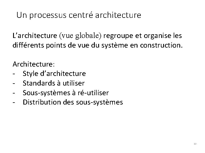 Un processus centré architecture L’architecture (vue globale) regroupe et organise les différents points de