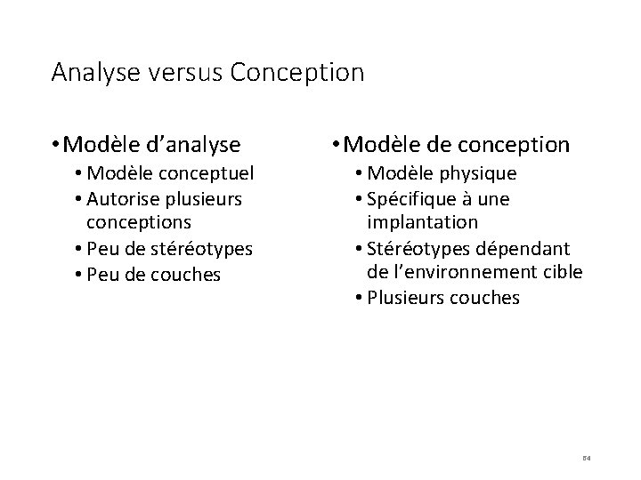 Analyse versus Conception • Modèle d’analyse • Modèle conceptuel • Autorise plusieurs conceptions •