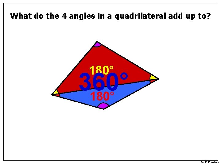 What do the 4 angles in a quadrilateral add up to? 180° 360° 180° What do the 4 angles in a quadrilateral add up to? 180° 360° 180°