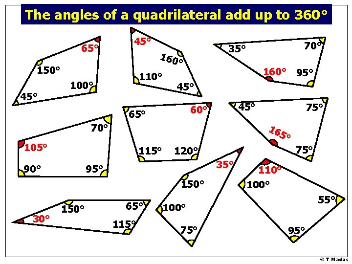 The angles of a quadrilateral add up to 360° 65° 45° 160 ° 150° The angles of a quadrilateral add up to 360° 65° 45° 160 ° 150°