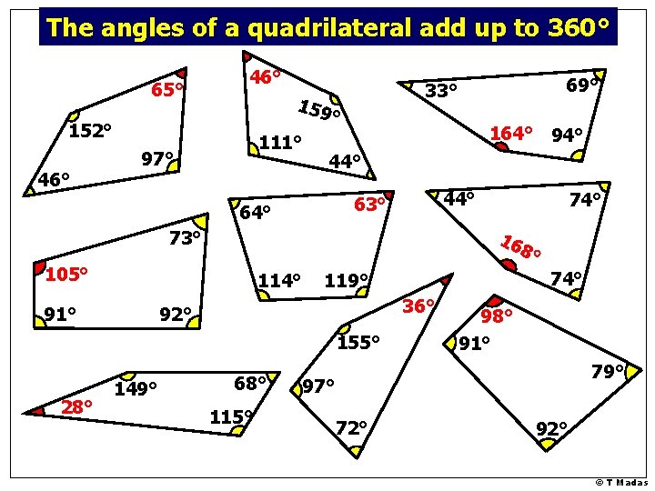 The angles of a quadrilateral add up to 360° 65° 46° 159 ° 152° The angles of a quadrilateral add up to 360° 65° 46° 159 ° 152°