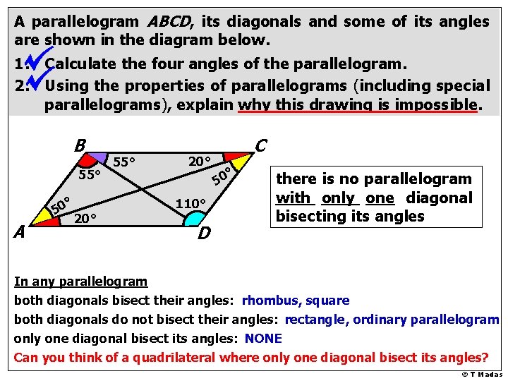 A parallelogram ABCD, its diagonals and some of its angles are shown in the A parallelogram ABCD, its diagonals and some of its angles are shown in the