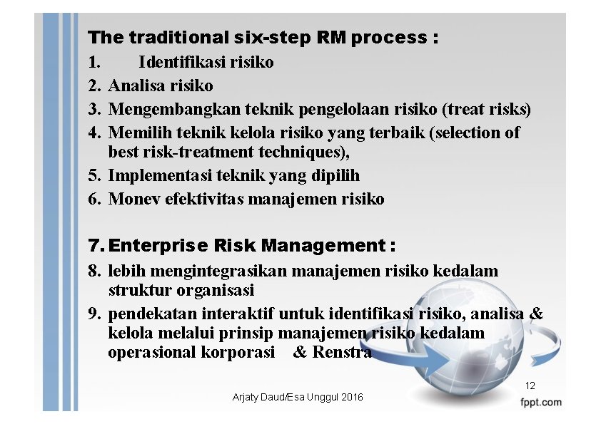 The traditional six-step RM process : 1. Identifikasi risiko 2. Analisa risiko 3. Mengembangkan