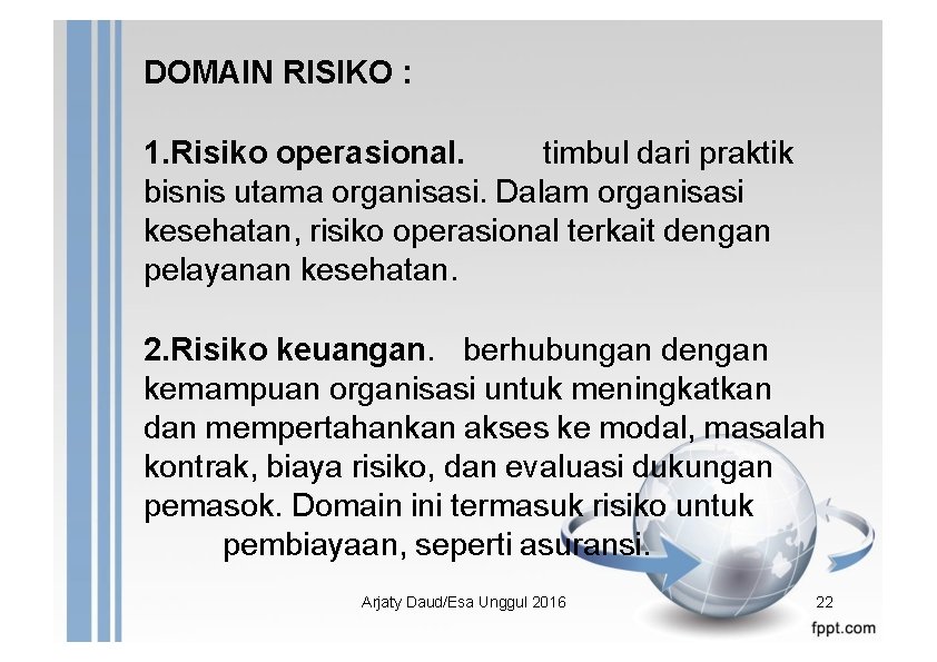 DOMAIN RISIKO : 1. Risiko operasional. timbul dari praktik bisnis utama organisasi. Dalam organisasi