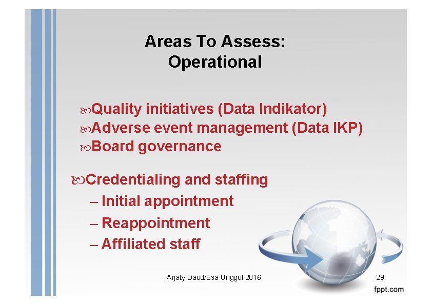 Areas To Assess: Operational Quality initiatives (Data Indikator) Adverse event management (Data IKP) Board