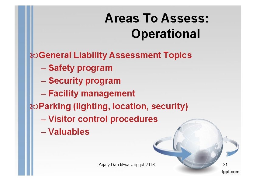 Areas To Assess: Operational General Liability Assessment Topics – Safety program – Security program