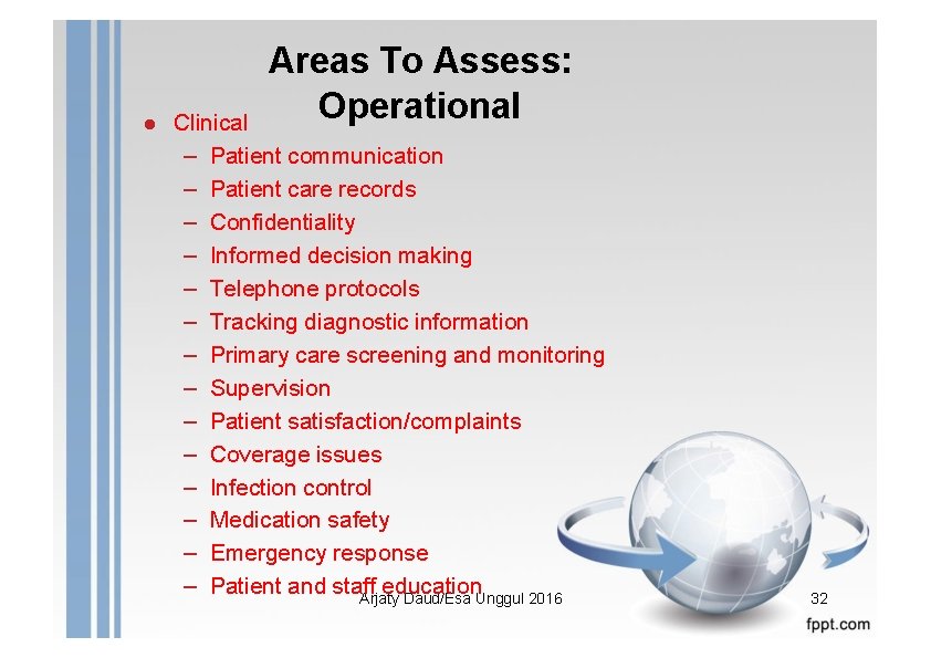 Areas To Assess: Operational ● Clinical – Patient communication – Patient care records –