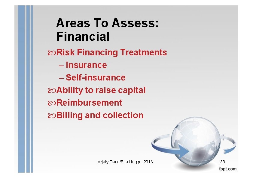 Areas To Assess: Financial Risk Financing Treatments – Insurance – Self-insurance Ability to raise