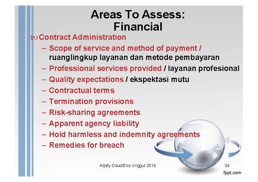 Areas To Assess: Financial Contract Administration – Scope of service and method of payment