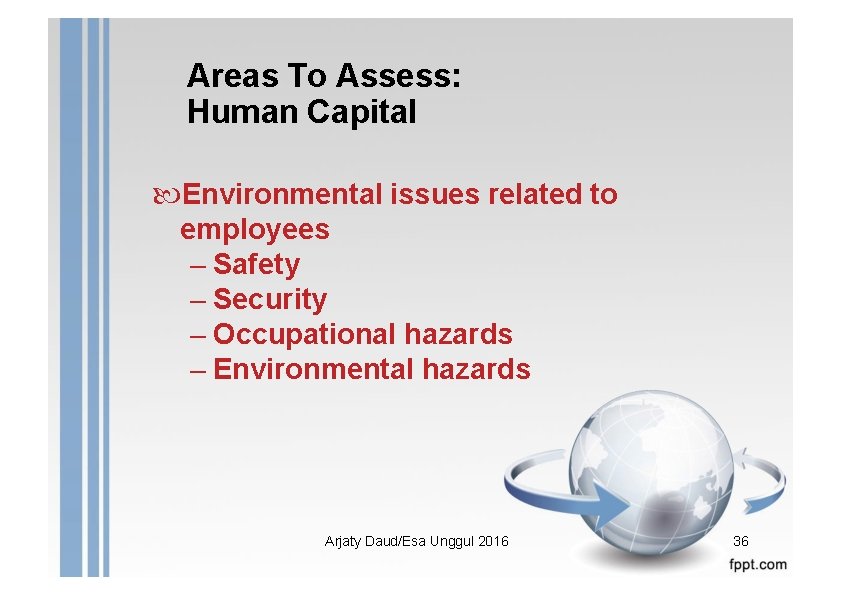 Areas To Assess: Human Capital Environmental issues related to employees – Safety – Security