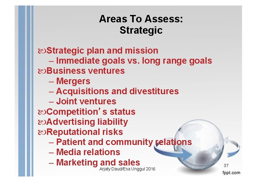 Areas To Assess: Strategic plan and mission – Immediate goals vs. long range goals