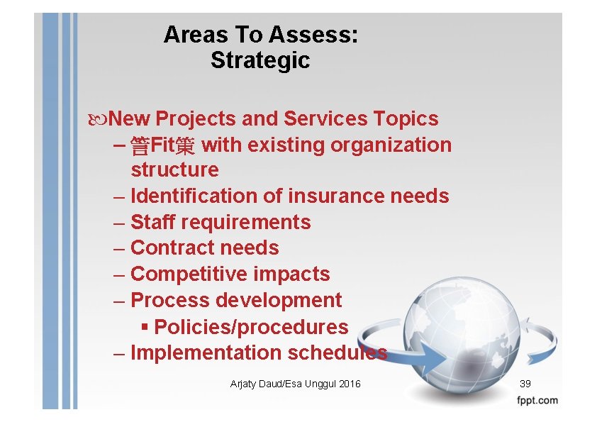 Areas To Assess: Strategic New Projects and Services Topics – 䇾Fit䇿 with existing organization