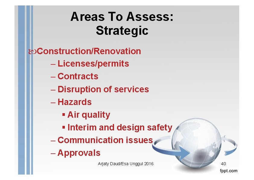 Areas To Assess: Strategic Construction/Renovation – Licenses/permits – Contracts – Disruption of services –