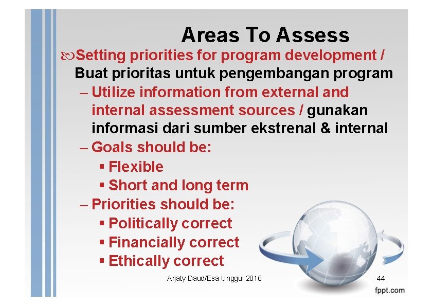 Areas To Assess Setting priorities for program development / Buat prioritas untuk pengembangan program