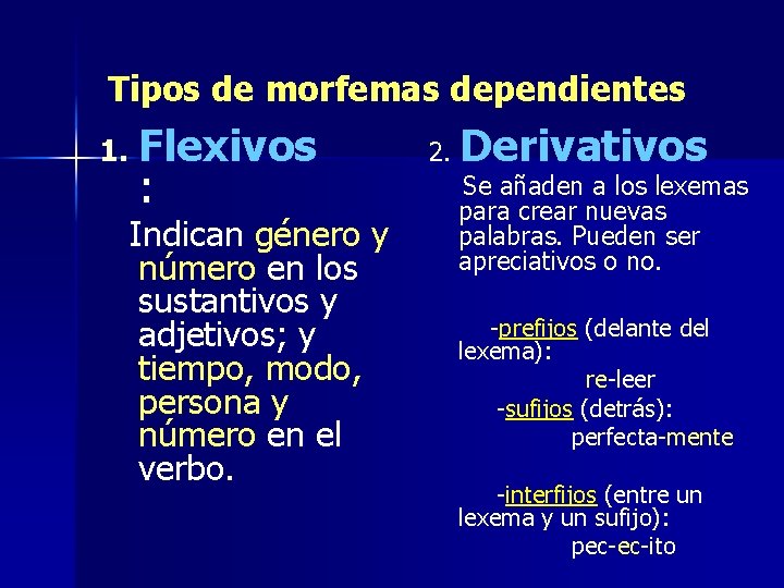 Tipos de morfemas dependientes 1. Flexivos : Indican género y número en los sustantivos