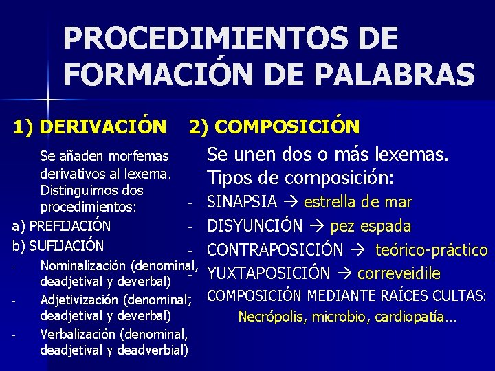 PROCEDIMIENTOS DE FORMACIÓN DE PALABRAS 1) DERIVACIÓN Se añaden morfemas derivativos al lexema. Distinguimos