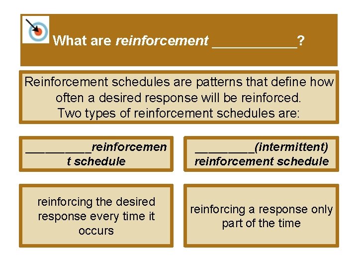 What are reinforcement ______? Reinforcement schedules are patterns that define how often a desired